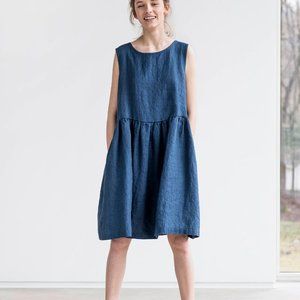 Not Perfect Linen Midi SMOCK loose linen dress in desert sage, size Large